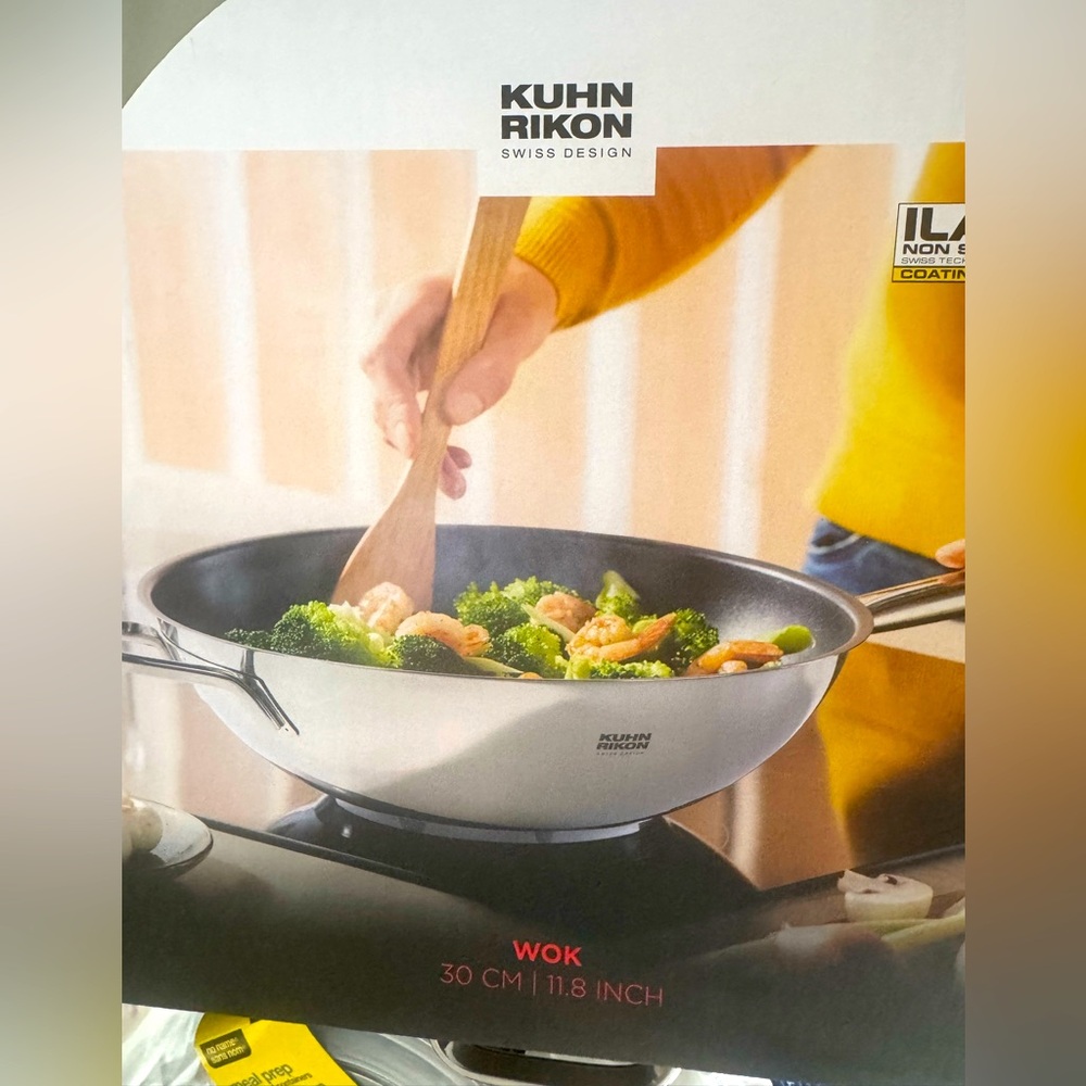 KUHN RIKON Silver Wok with Non-Stick Coating, Swiss design with lid 30 CM NEW